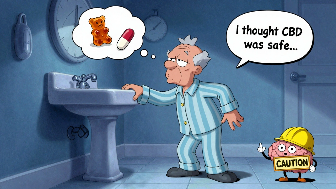 Older adult wobbly on bathroom floor, thought bubble shows gummy bear, pill, and spinning clock.