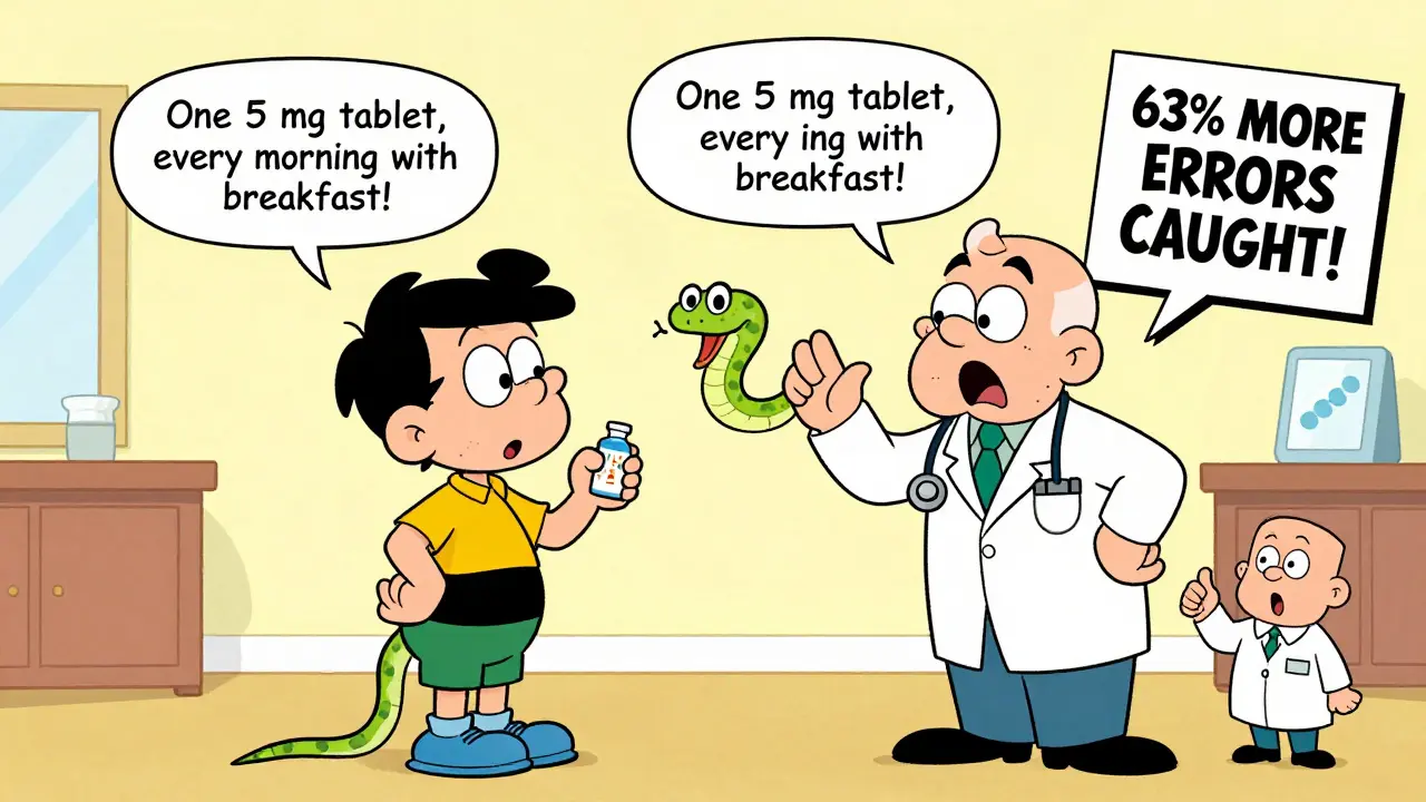 Patient confidently repeating medication instructions to shocked doctor in humorous cartoon scene