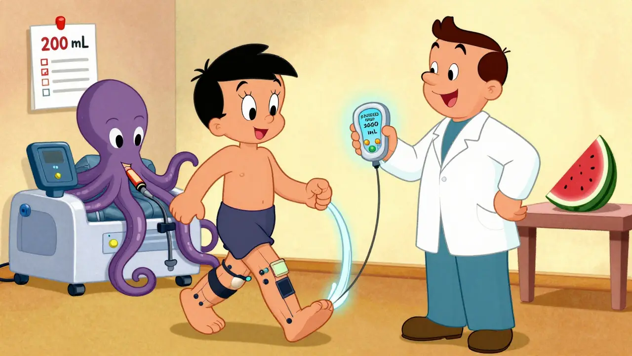 Patient walking with compression stockings, fluid being pulled upward by socks and a friendly compression device.