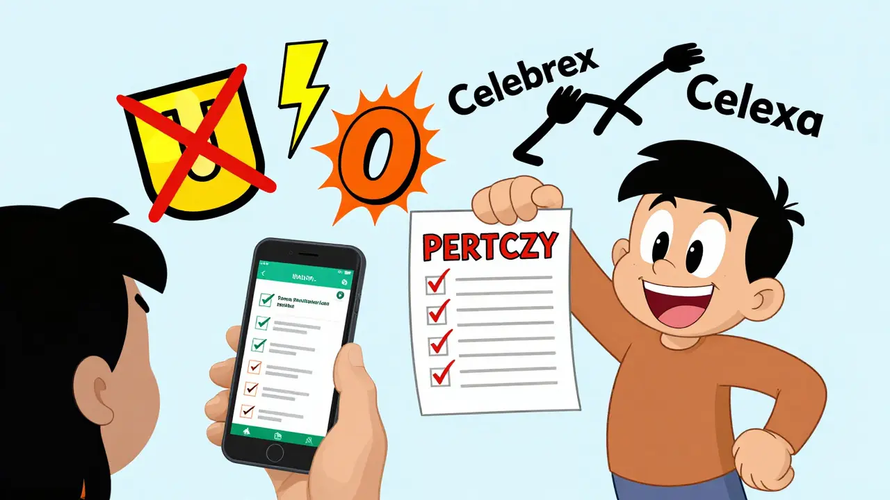 Person scanning prescription with phone, AI warnings popping up like cartoon icons for drug name and dosage errors