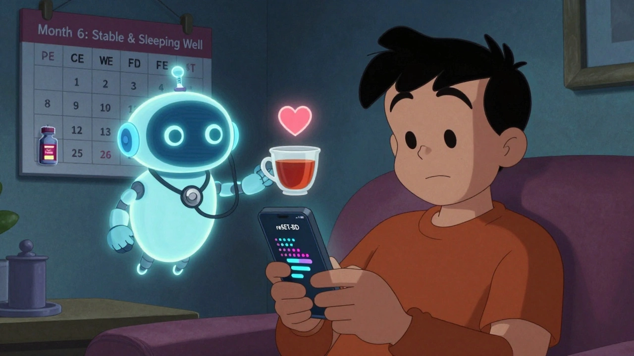 Person using a mood-tracking app with a helpful robot companion, showing progress from weight gain to stability.