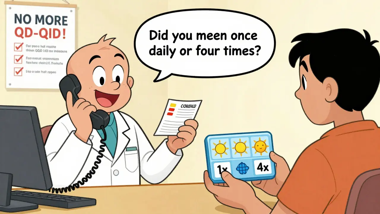Pharmacist clarifying dosing with patient using clear icon labels: one sun vs. four suns.