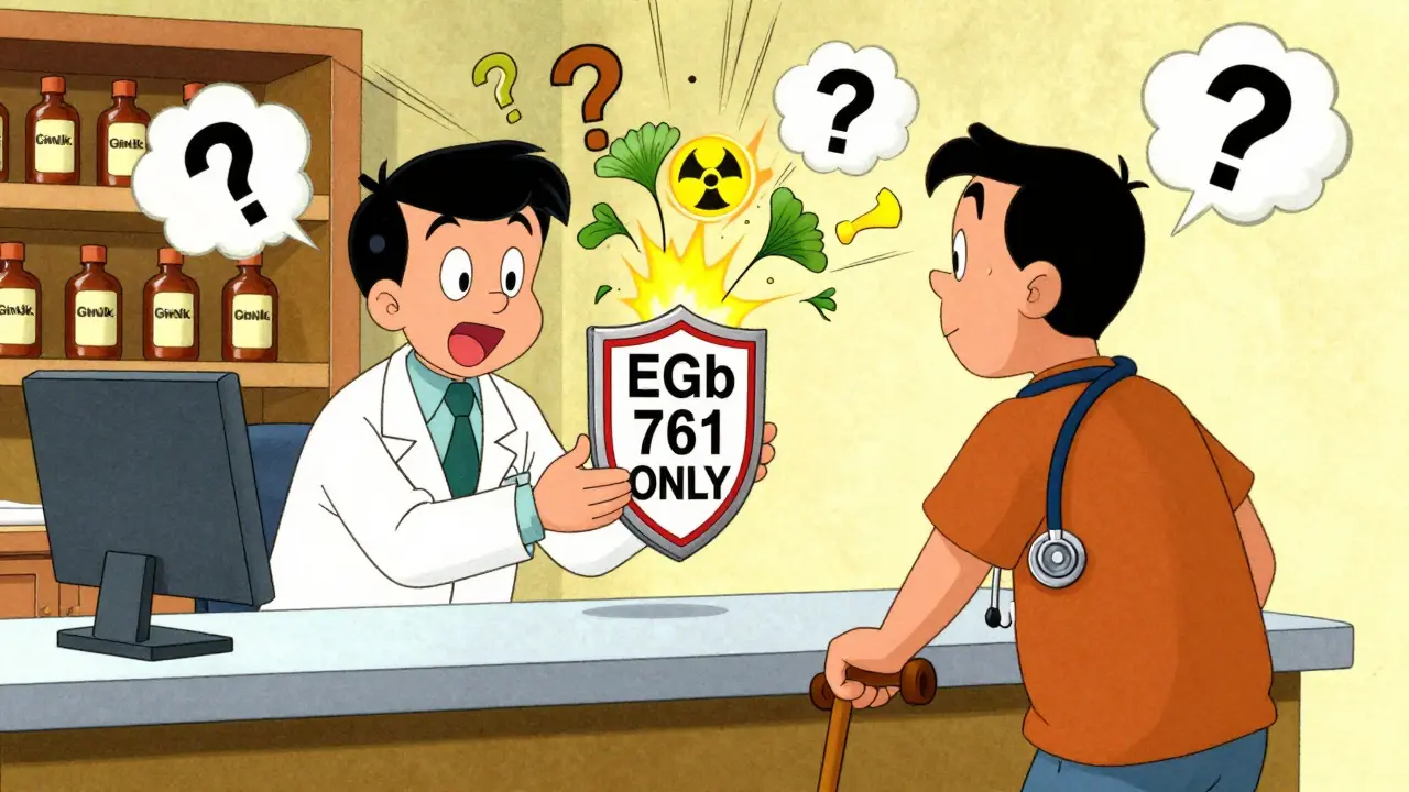 Pharmacist gives patient a shield labeled 'EGb 761 ONLY' amid exploding unstandardized supplement bottles.