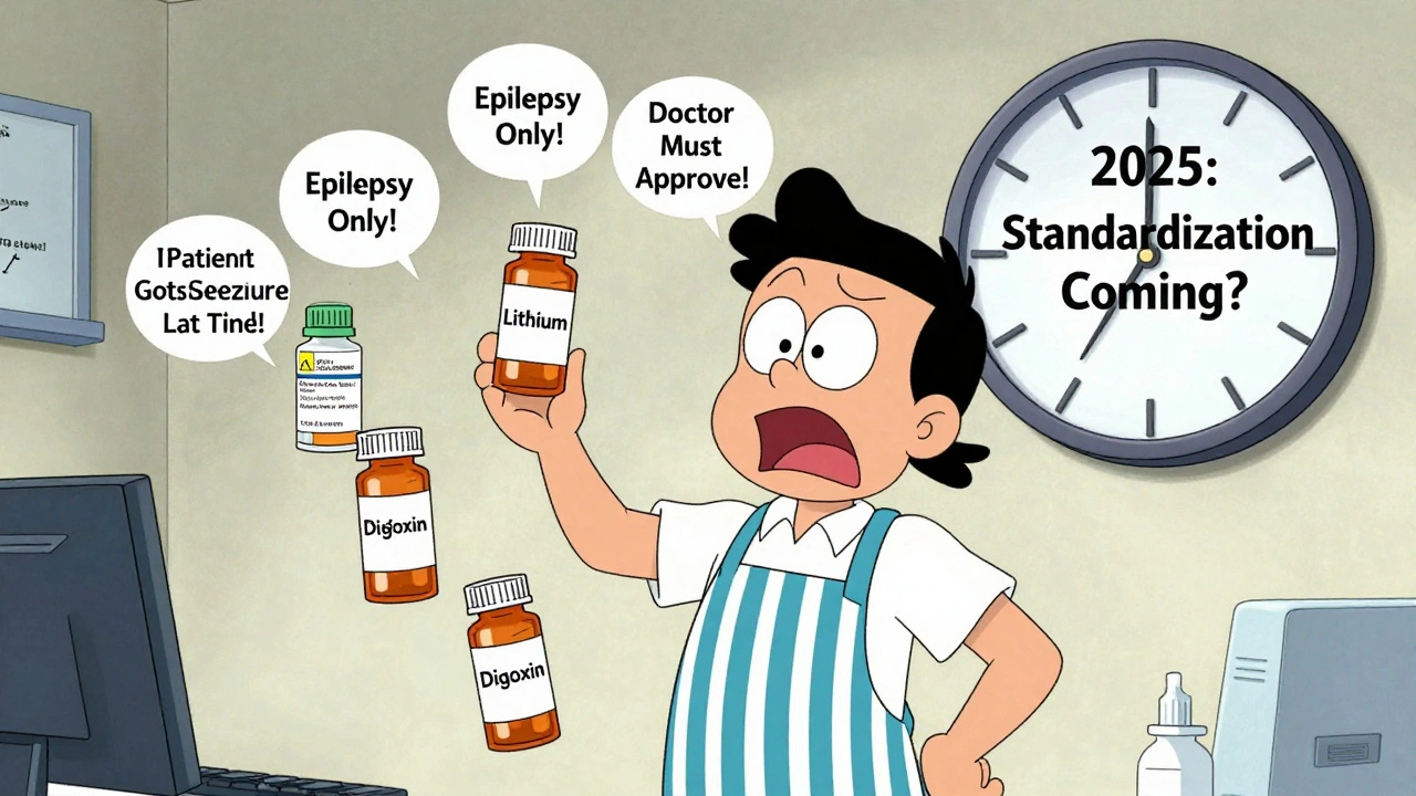 Pharmacist juggling NTI drug bottles with warning bubbles popping around them