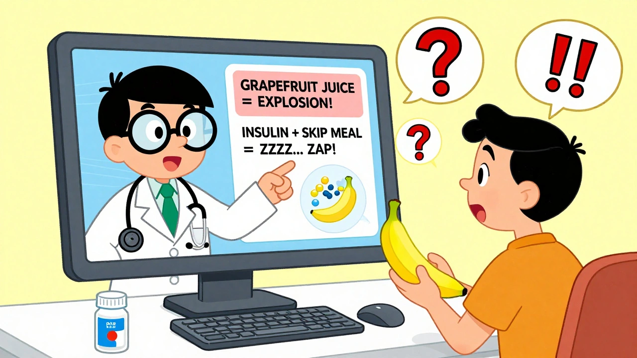 Pharmacist pointing at a cartoon computer screen with drug interaction warnings and a patient holding a banana.