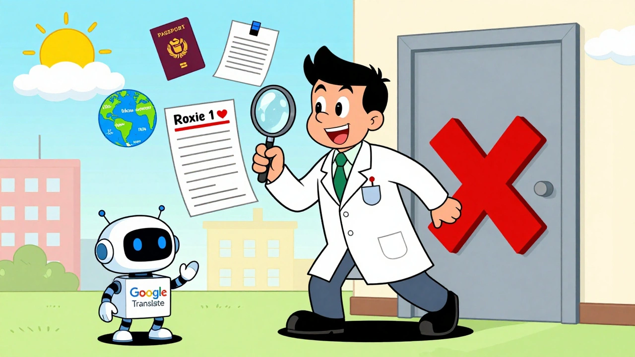 Pharmacist verifying translated prescription while AI is rejected.