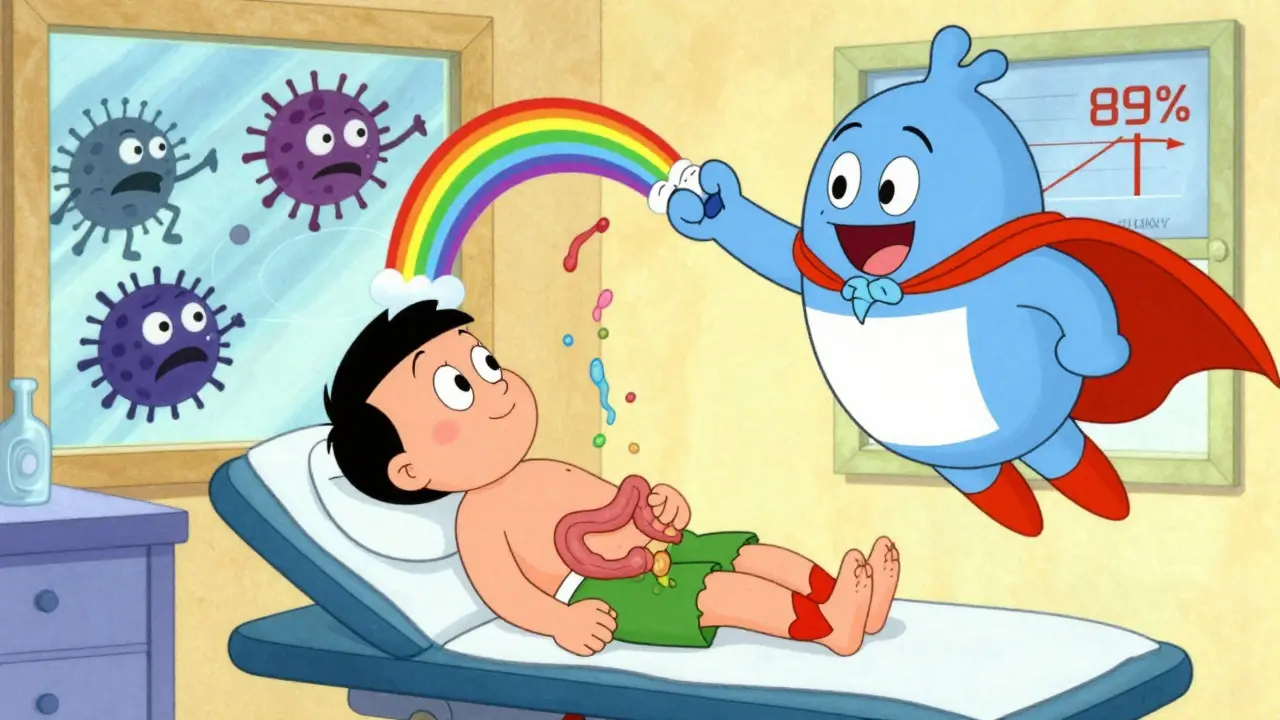 Probiotic superhero flying into a patient's gut to fight harmful bacteria with a fiber-caped rainbow spray.