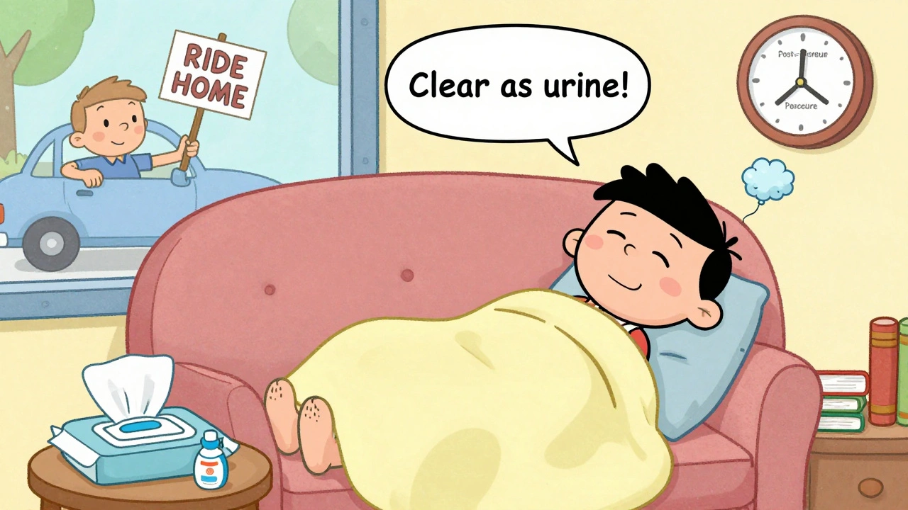 Relaxed patient after colonoscopy with supplies nearby and ride waiting outside.