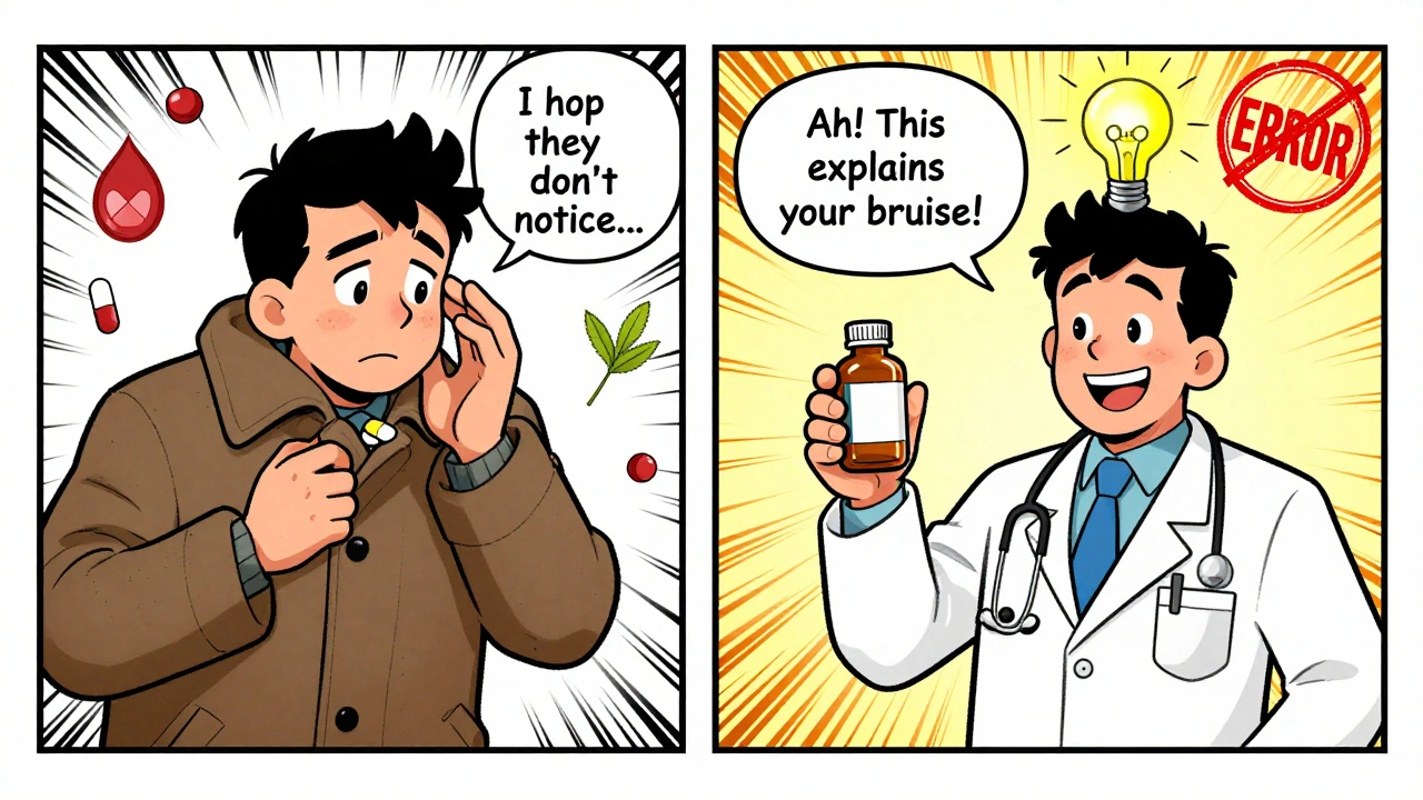 Split cartoon scene: one side hiding pills, other side doctor discovers a medication issue with a lightbulb.