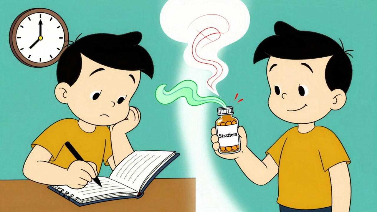 Split scene: anxious patient writing symptoms vs. calm patient after switching to a safer medication.