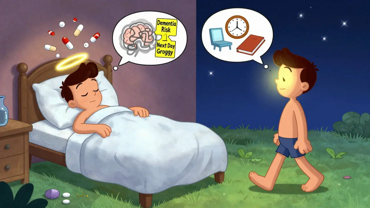 Split scene: one side shows brain fog from pills, the other shows calm sleep habits under stars and sunlight.