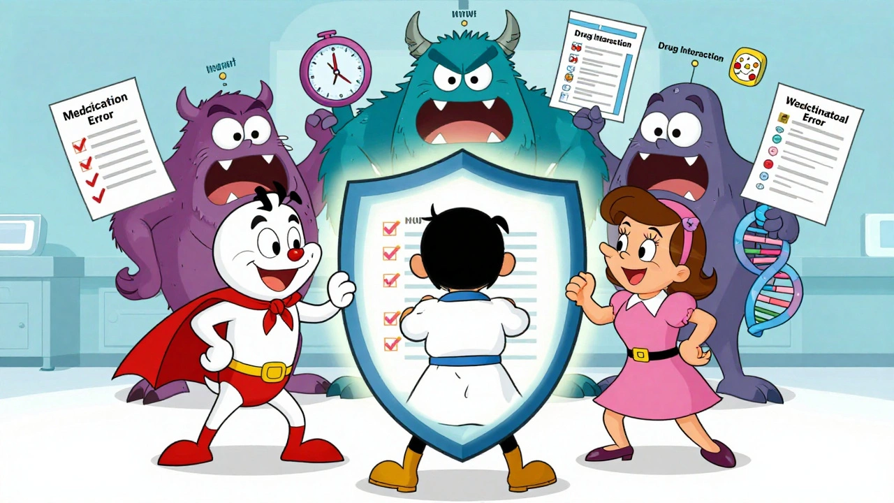 Superhero team protecting a medication list from cartoon monsters labeled with ADE risks.