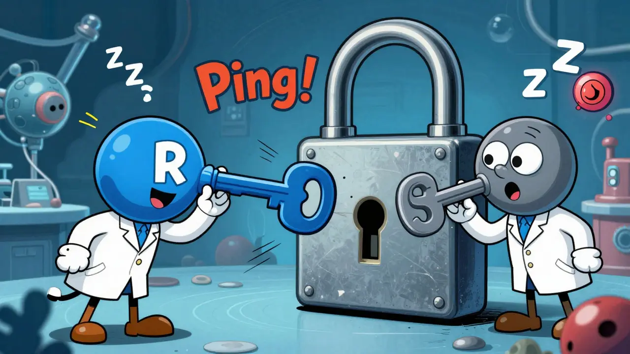 Two molecular keys approaching a histamine lock — one fits, the other bounces off with Zzz's.