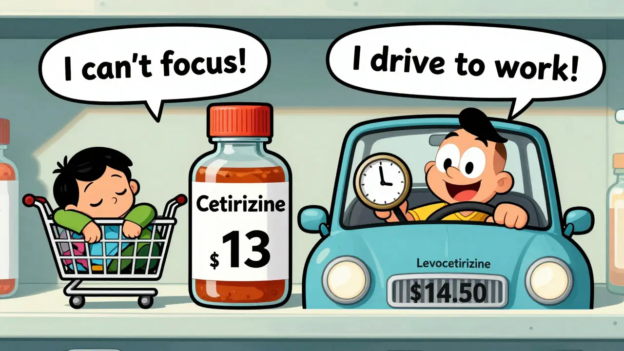 Two pharmacy bottles side by side: one with a sleepy shopper, the other with a wide-awake driver.