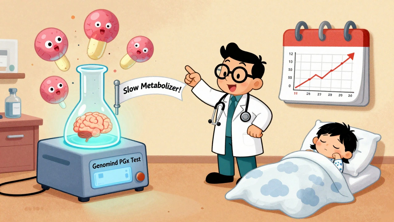 Whimsical lab with dancing brain cells, Genomind test ribbon, doctor pointing to growth chart, child sleeping under mindfulness clouds.