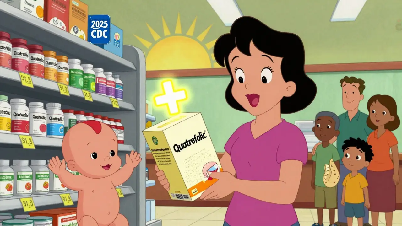 Woman holding corn masa flour with glowing folic acid symbol, fetus waving from a tortilla, 2025 CDC banner visible.