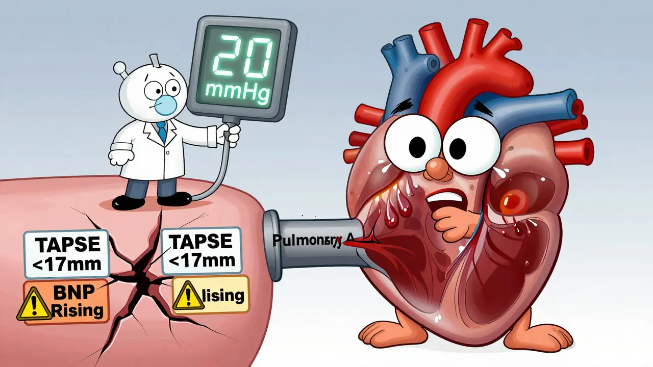A cartoon right heart straining to pump blood through a constricted artery, with medical readouts showing warning signs of pulmonary hypertension.