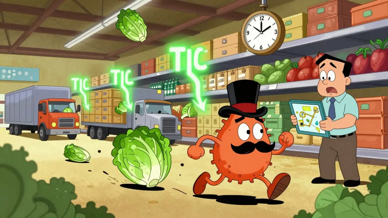 A contaminated lettuce being chased through the food supply chain by a silly germ.