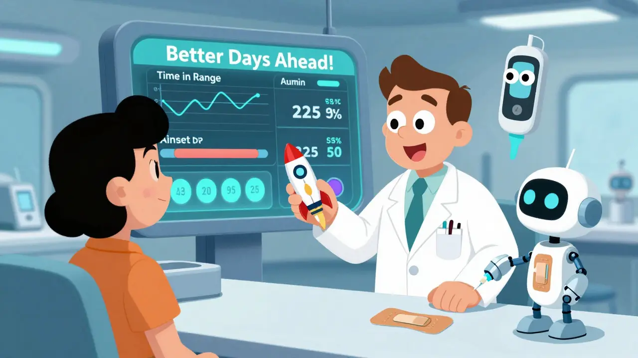 A doctor applies a needle-free patch while a cartoon dashboard shows glucose trends and progress.