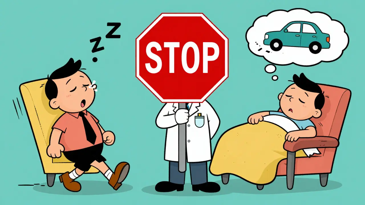A doctor holds a STOP sign between two extremely drowsy patients, one snoring while walking, the other slumped in a chair.