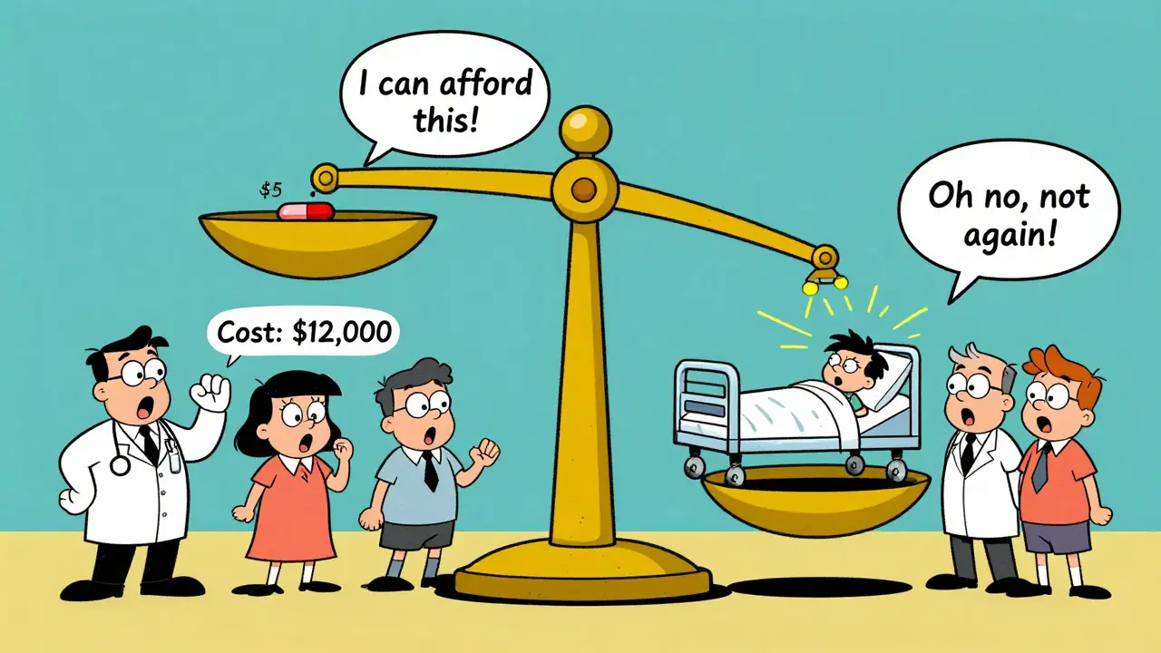 A giant scale shows a cheap pill saving thousands in hospital costs.