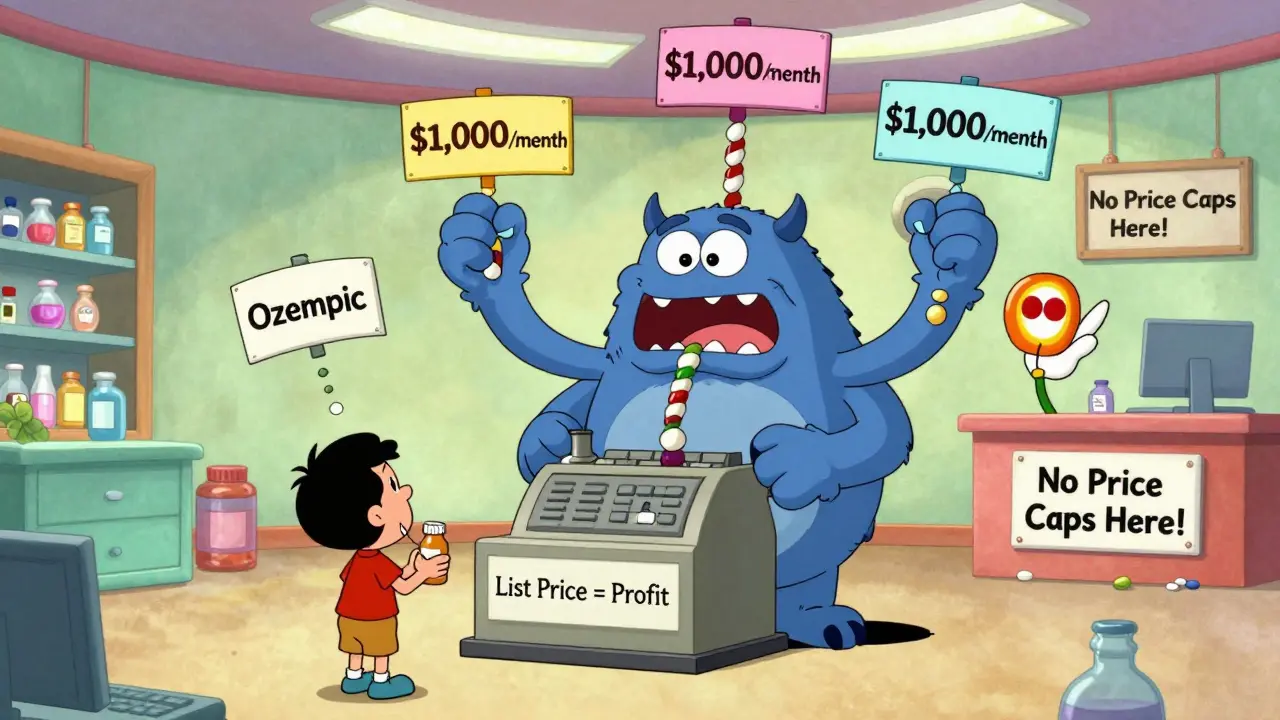 A monstrous PBM with multiple arms feeding into a cash register, while a tiny patient looks on in confusion.