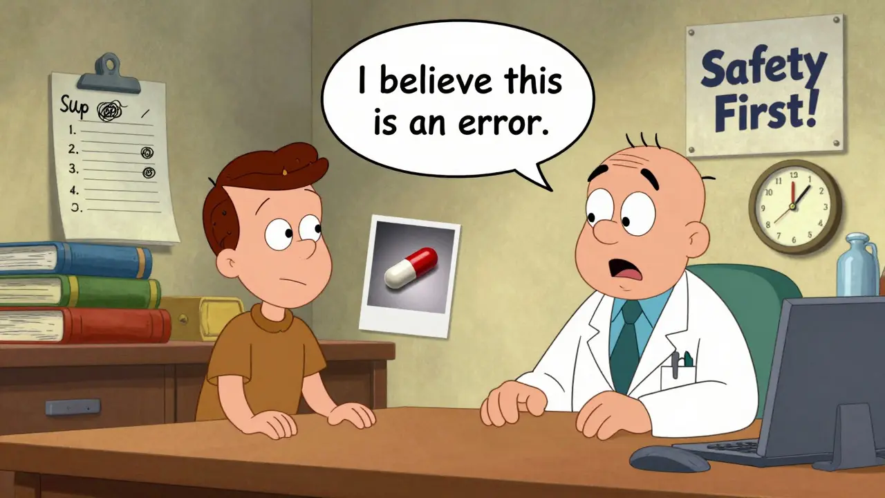 A patient calmly explaining a medication error to a surprised doctor with visual evidence floating nearby.