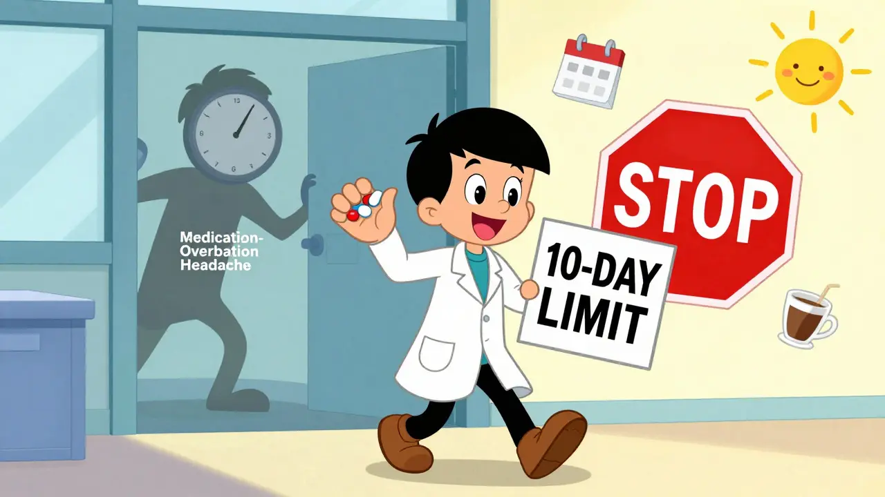 A person leaving a doctor’s office with generic pills and a 10-day limit sign, avoiding a shadowy headache figure.