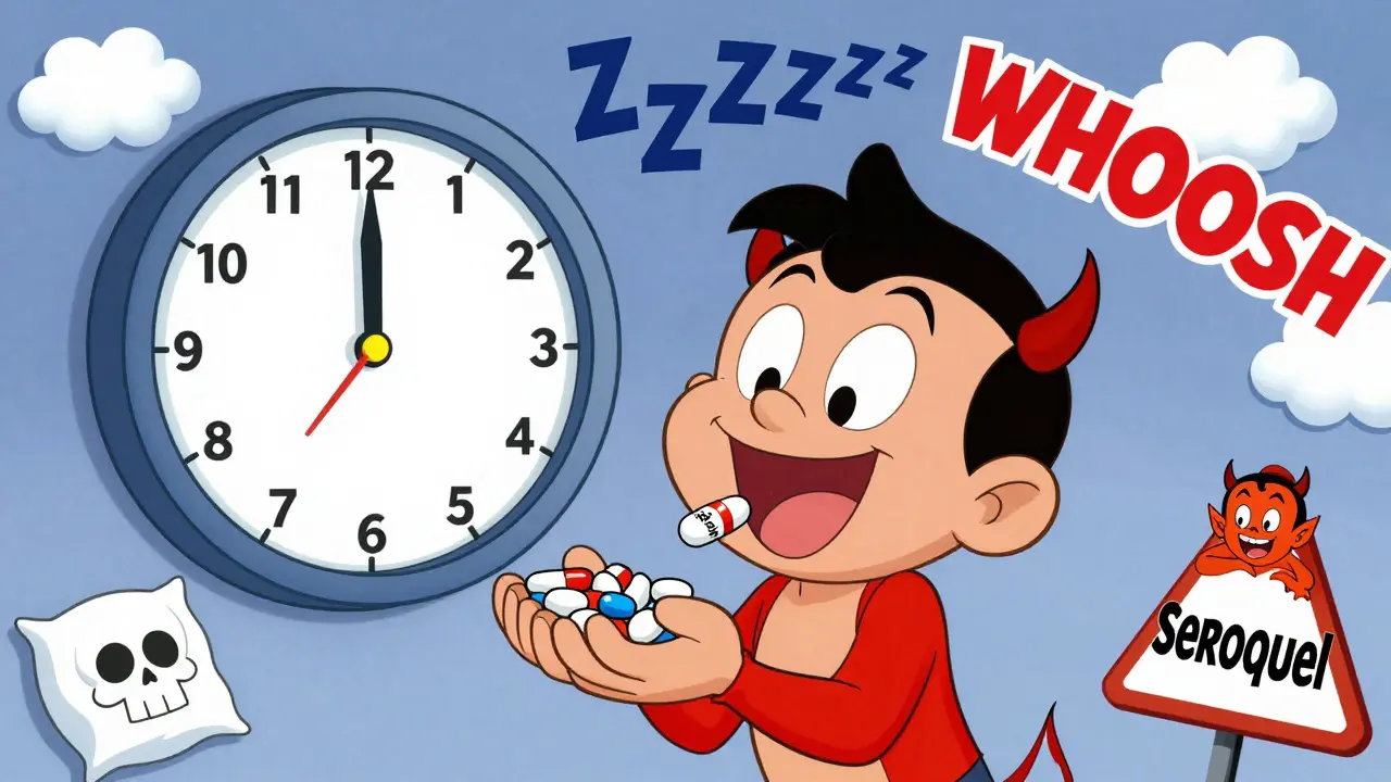 A person swallows pills as a tiny devil melatonin whispers, with a giant clock ticking toward eight hours of sleep.