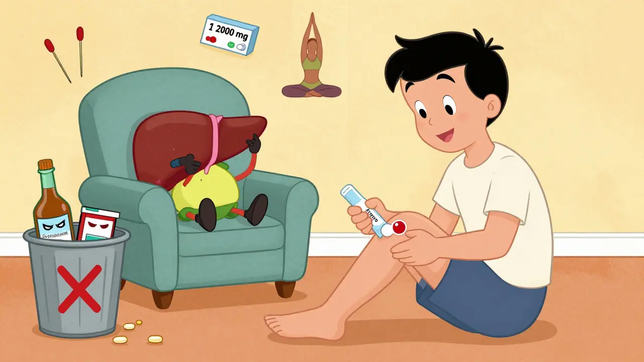 A person using topical pain relief while avoiding harmful medications, with a happy liver watching.