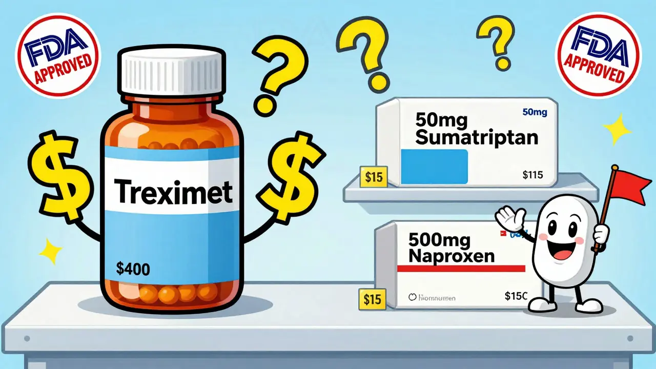 A pharmacy shelf comparing expensive branded migraine pills to cheap generics with smiling price tags.