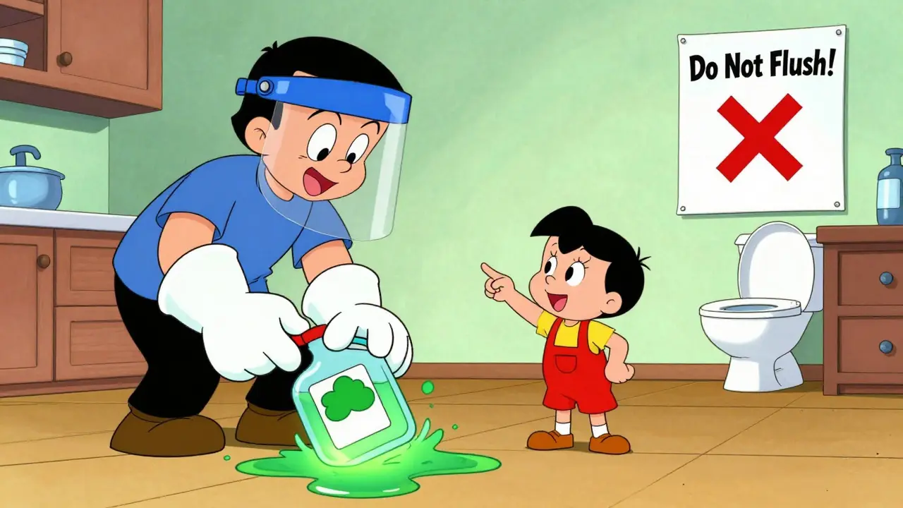 Caregiver cleaning a chemotherapy spill at home with protective gear and a labeled spill kit.