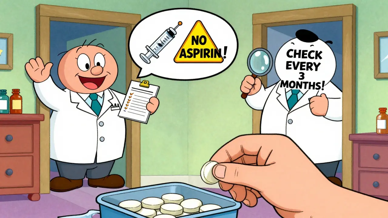 Child placing glucose tablets in kit, thought bubble shows insulin syringe and 'NO ASPIRIN' warning, pharmacist nearby.