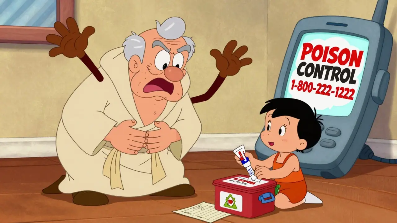 Elderly man with cartoon rash, child handing him cream from an emergency kit, phone with poison control number visible.