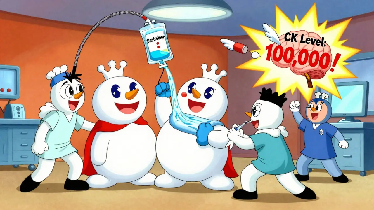 Medical team using exaggerated tools to treat NMS with exploding lab values