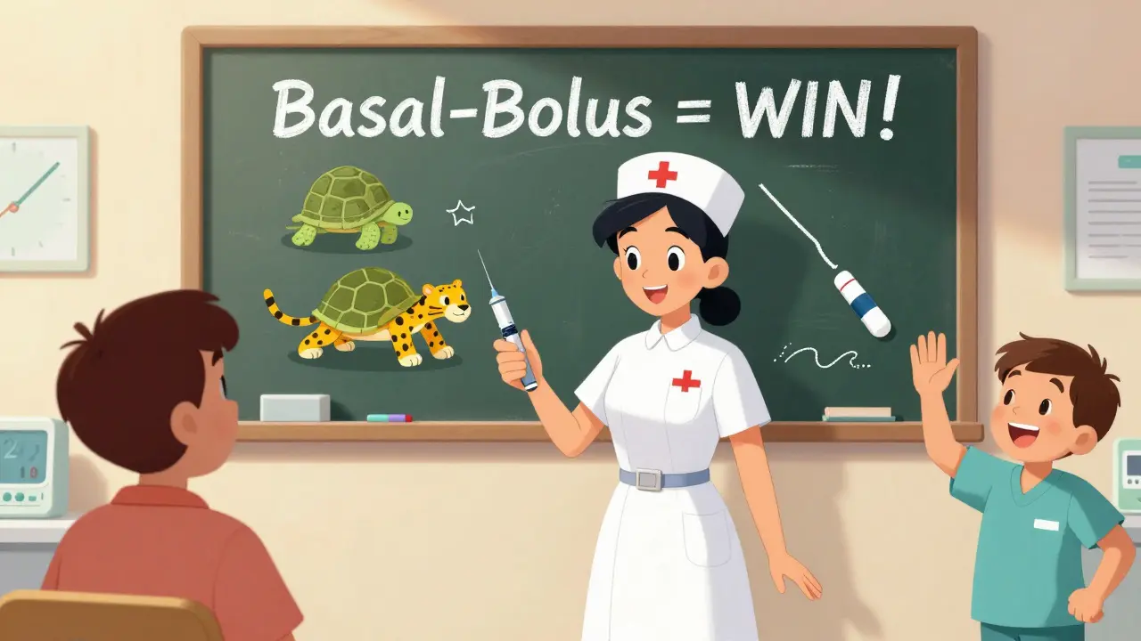 Nurse giving insulin pen, chalkboard shows basal-bolus strategy with turtle and cheetah icons.