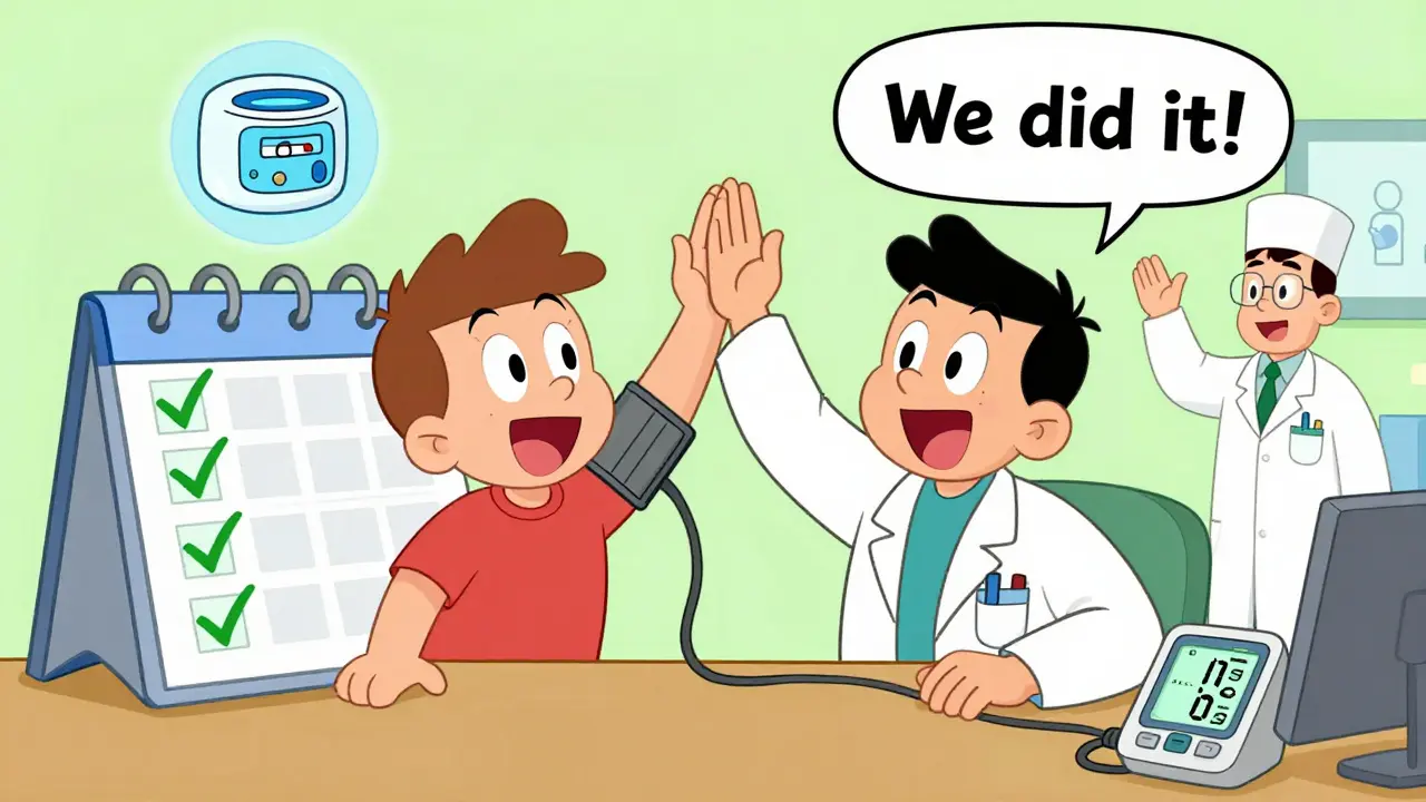 Patient and doctor celebrating medication adherence with a high-five and healthy vitals on display.