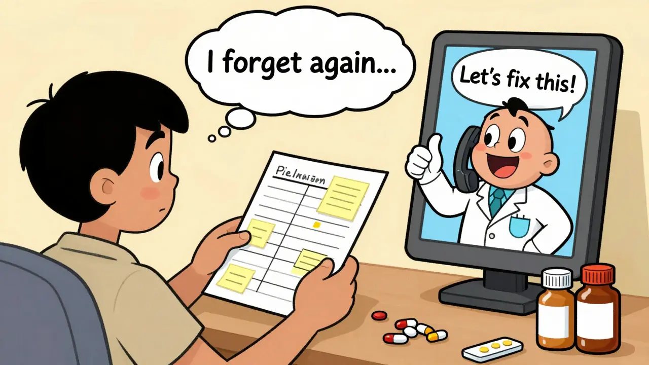 Patient surrounded by pill bottles and sticky notes, comforted by a smiling pharmacist on a phone screen.