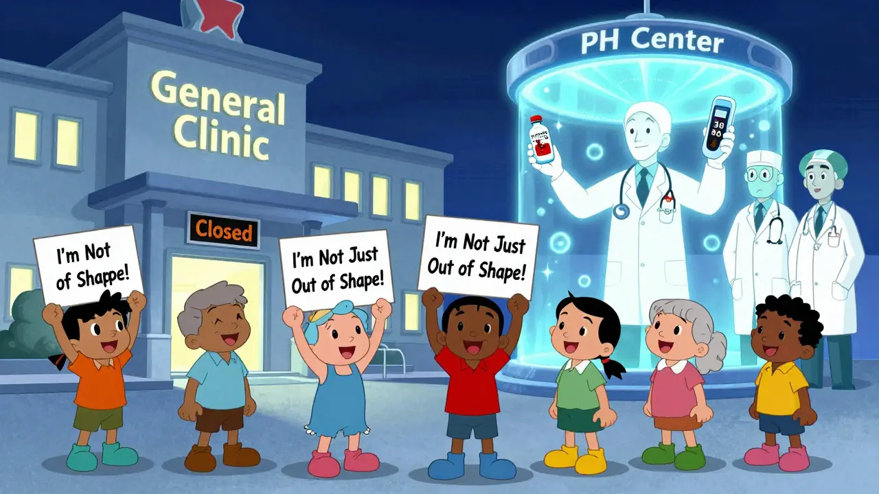 Patients demanding better care outside a generic clinic, while a specialized PH center glows in the distance with life-saving treatments.