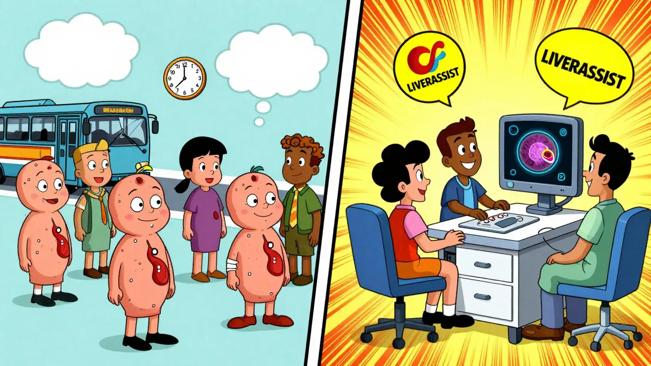 Patients missing screenings vs. getting screened with AI assistance in a vibrant cartoon style
