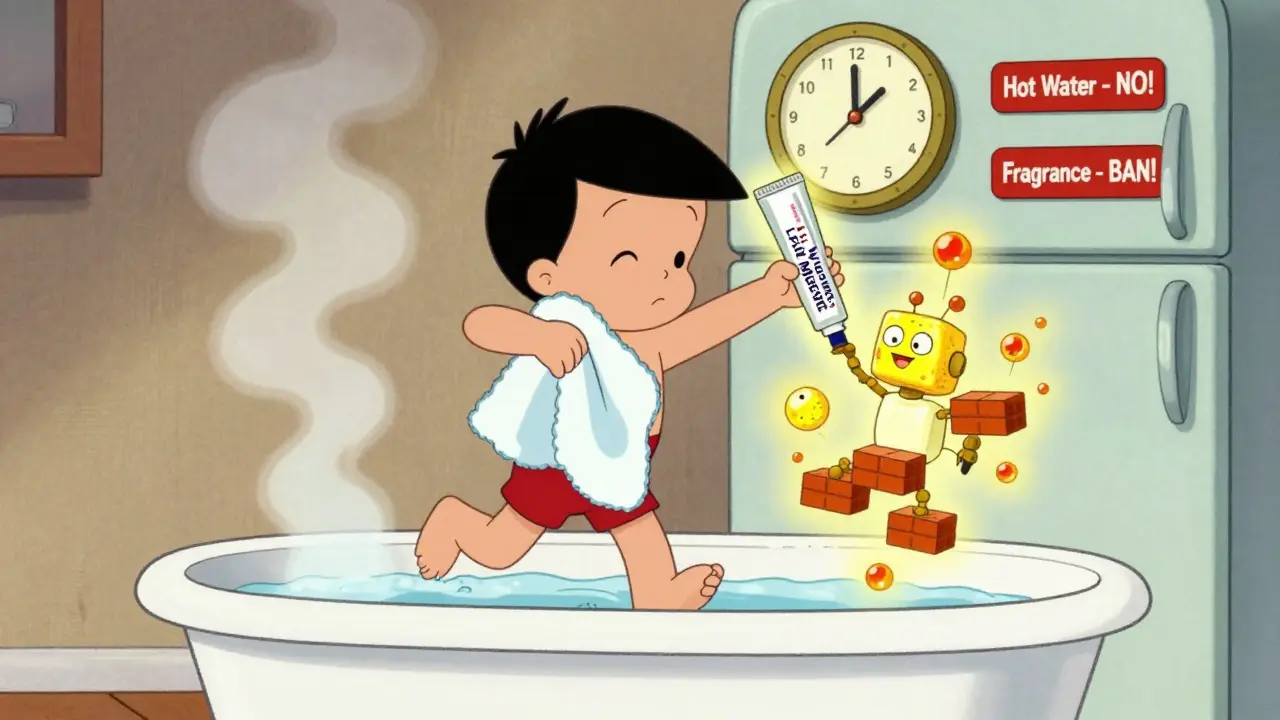 Person patting skin dry after bath, applying glowing ceramide cream with lipid robots forming barrier.