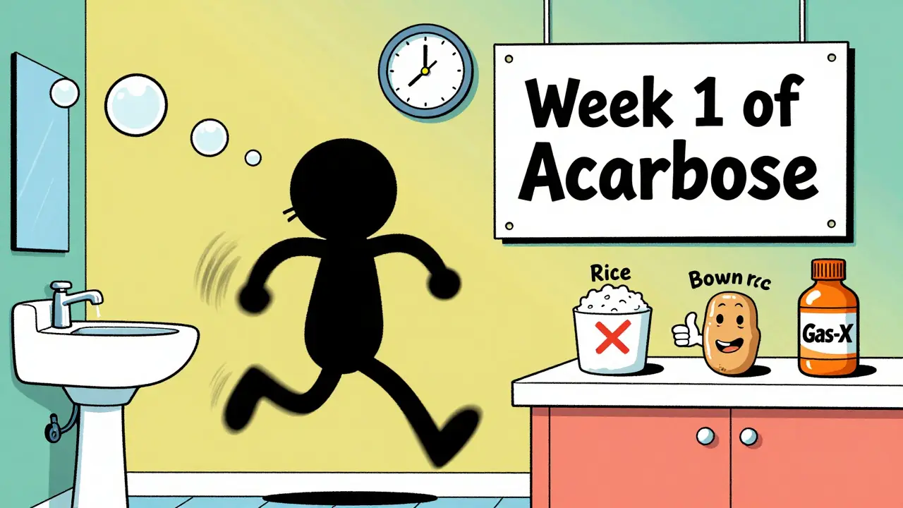 Person running to bathroom with gas bubbles trailing, kitchen signs show dietary advice.