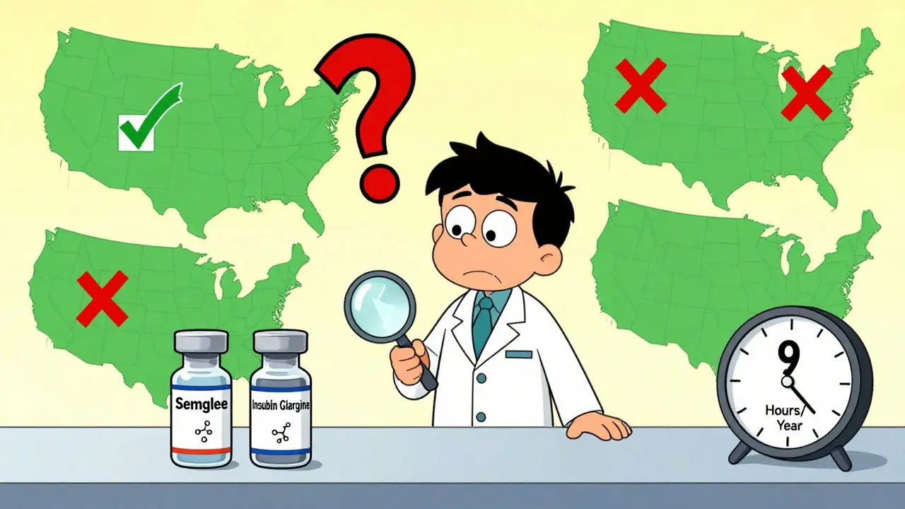 Pharmacist surrounded by animated U.S. state maps showing different substitution laws.