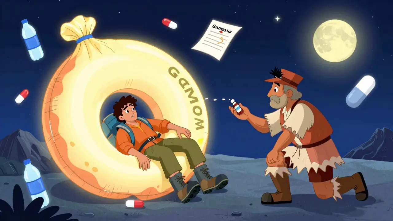 Rescue scene with glowing Gamow Bag, Sherpa giving medicine, floating icons of water and pills under starry sky.