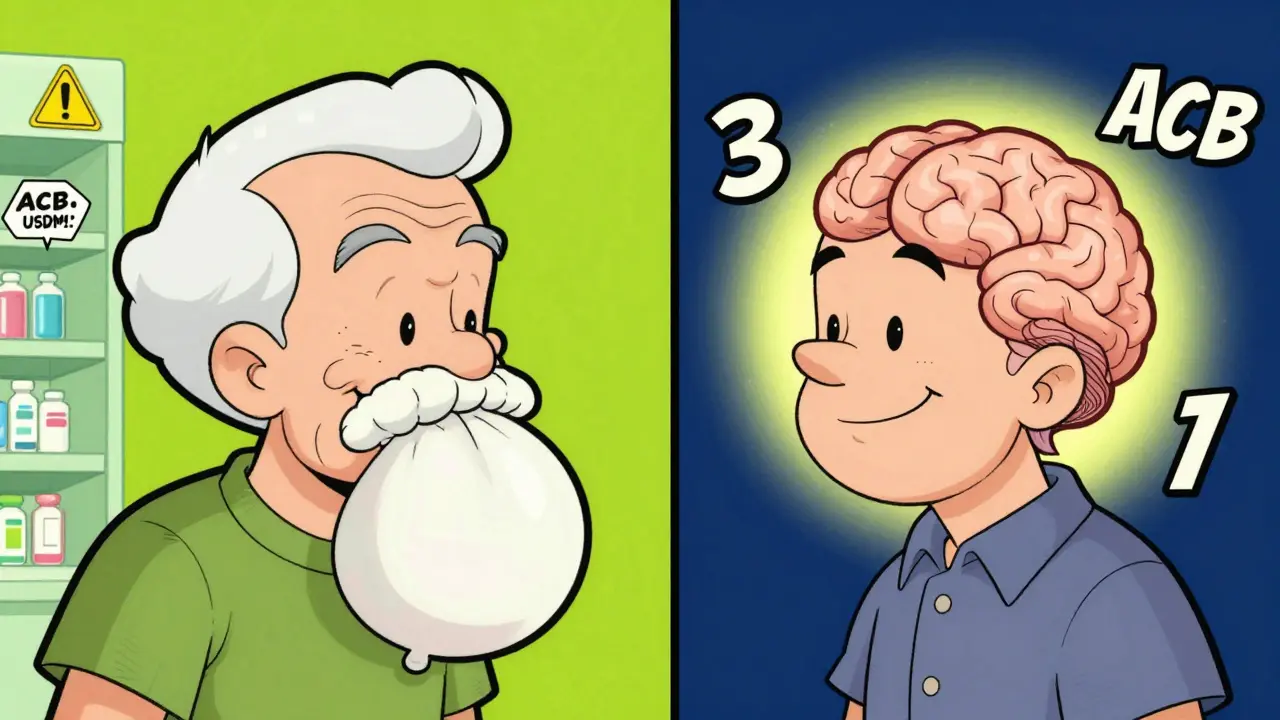 Side-by-side cartoon of two seniors: one with shrinking brain on risky drug, other with healthy brain on safe alternative.