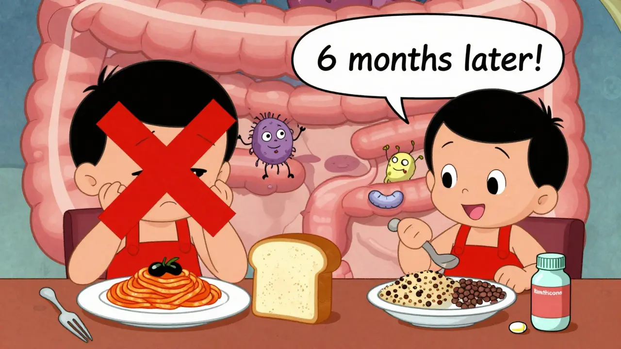 Split cartoon scene: bad carbs with X vs good carbs with checkmarks, gut bacteria waving.