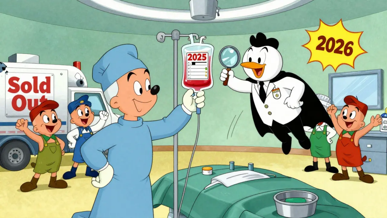 Surgeon using extended-expiration IV bag as FDA inspector hovers nearby in a cartoon OR