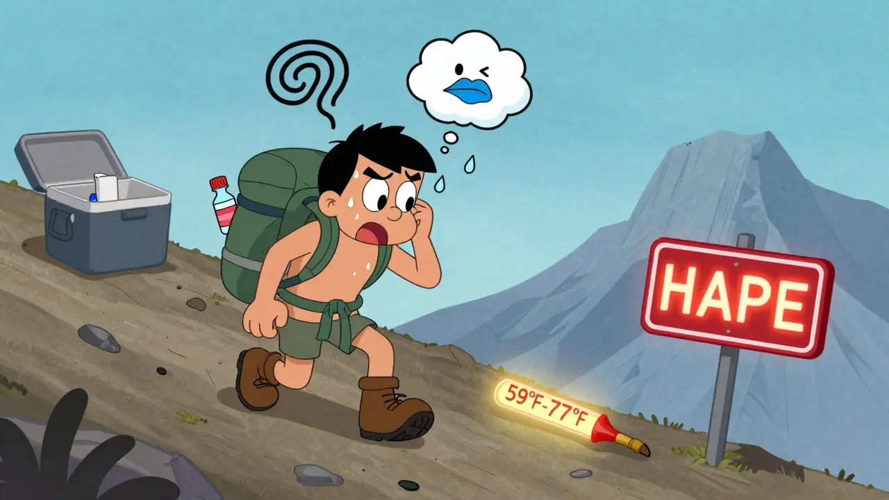 Trekker on mountain trail with cartoon symptoms above head, insulated cooler with insulin safely in pack.