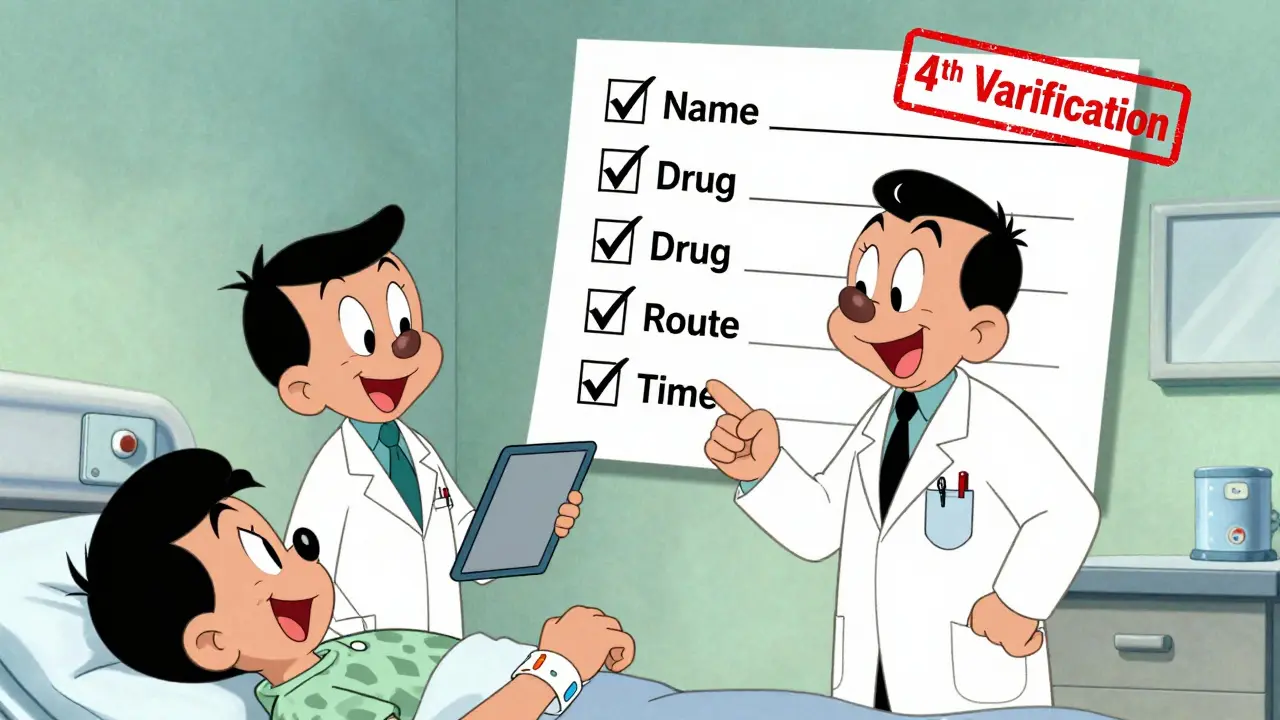 Two clinicians verifying chemotherapy details with a patient using a floating checklist at the bedside.