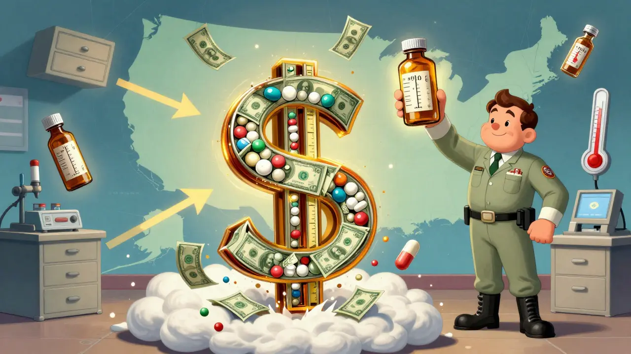 A dollar sign made of pill bottles exploding into cash with a lab technician holding an old bottle